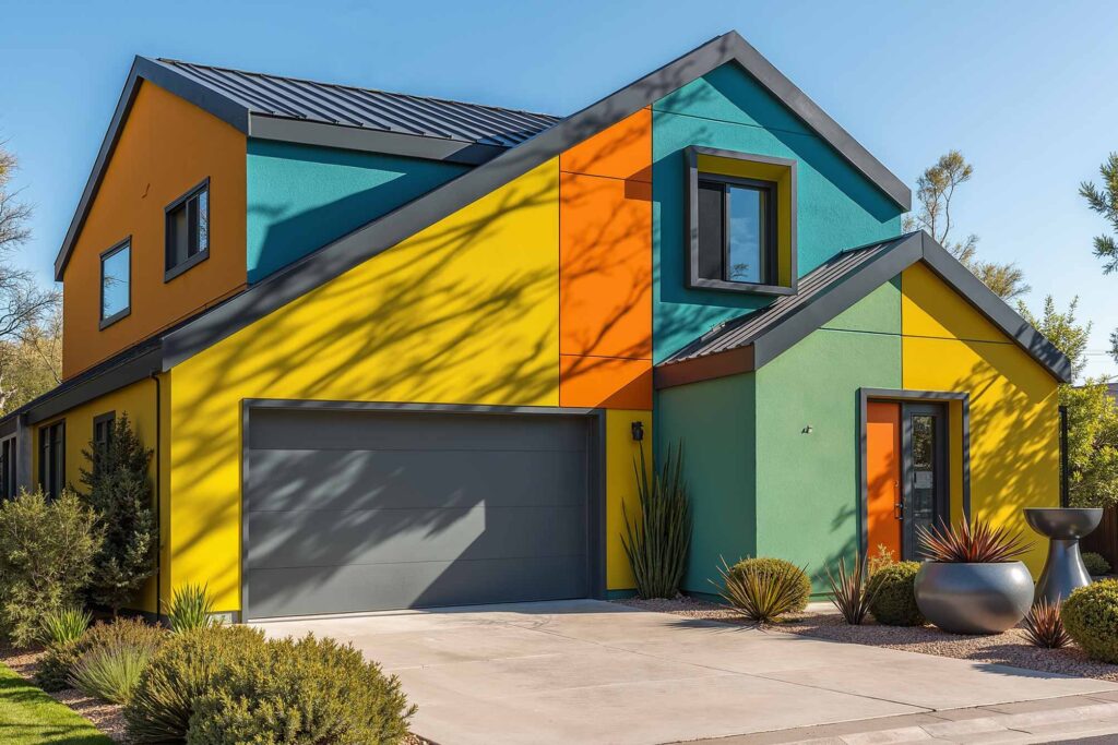 Mid-Century Modern House with Chartreuse Walls Gray Trim and Tangerine Orange Door, Multi-Colored House, exterior home painting, unusual exterior home color combinations, exterior color ideas, house painting inspiration, Exterior house painting, Outdoor home painting, Exterior residential painting, Home exterior painting, Residential exterior painting, , Unexpected exterior color schemes, Unique exterior color pairings, Bold exterior paint combinations, Unconventional exterior color palettes, Distinctive home color schemes, Creative exterior color pairings, Surprising house color combinations, Non-traditional exterior paint schemes, Eye-catching exterior color selections, Daring house color combinations, Statement-making color combinations, Unexpected home palette choices, Home color inspiration, Exterior paint design inspiration, Residential painting concepts, Home painting design ideas