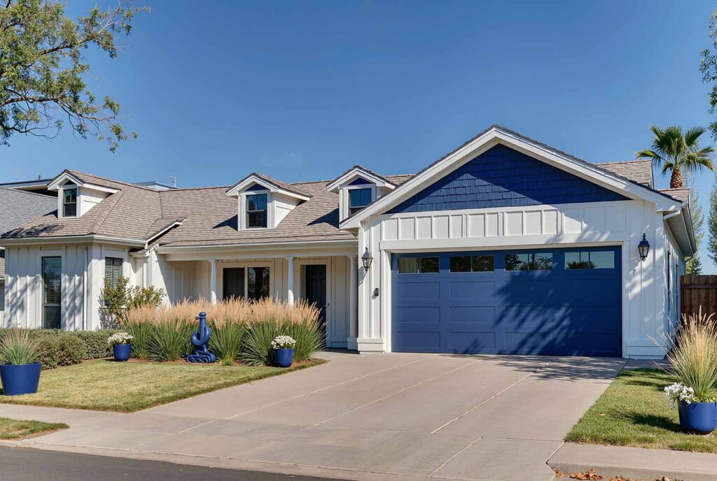 Modern Farmhouse in White and Navy Accent Walls White with White Trim and Wood Door, home exterior color ideas, exterior color coordination, exterior color pattern, exterior color consultation, exterior color inspiration, Exterior Color Schemes That Transform Your Home's Look, House Colors That Create Luxury Appeal, Unexpected Exterior Color Ideas, Exterior Home Painting Techniques for Distinction