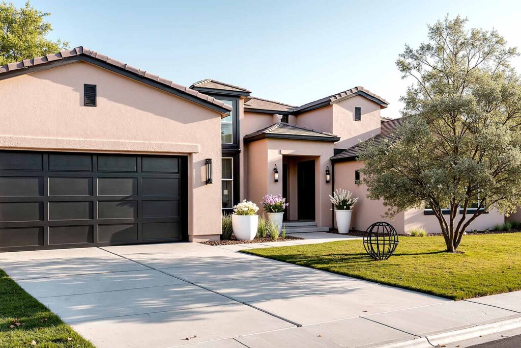 Modern Farmhouse with Blush Beige Walls Black Trim and Matte Black Accents, luxury exterior color schemes for modern homes, sophisticated house colors for craftsman architecture, high-end exterior color ideas that transform curb appeal, exterior home painting secrets for prestigious results, elegant color combinations for traditional homes, designer-approved exterior color schemes