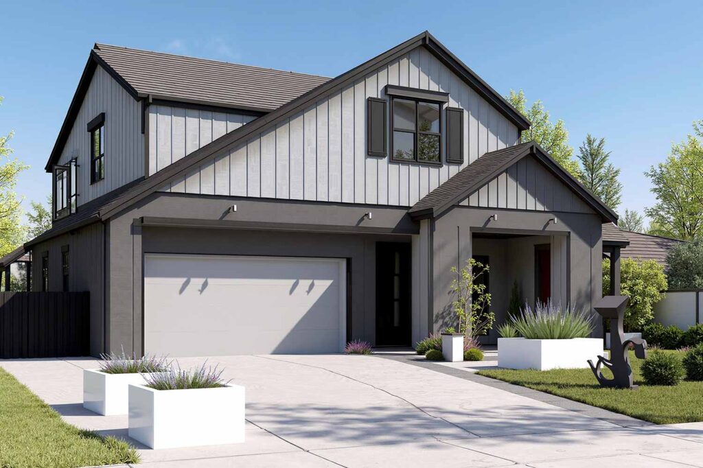 Modern Farmhouse with Gray Lower Siding Soft Gray Upper Siding Black Trim, luxury exterior color schemes for modern homes, sophisticated house colors for craftsman architecture, high-end exterior color ideas that transform curb appeal, exterior home painting secrets for prestigious results, elegant color combinations for traditional homes, designer-approved exterior color schemes