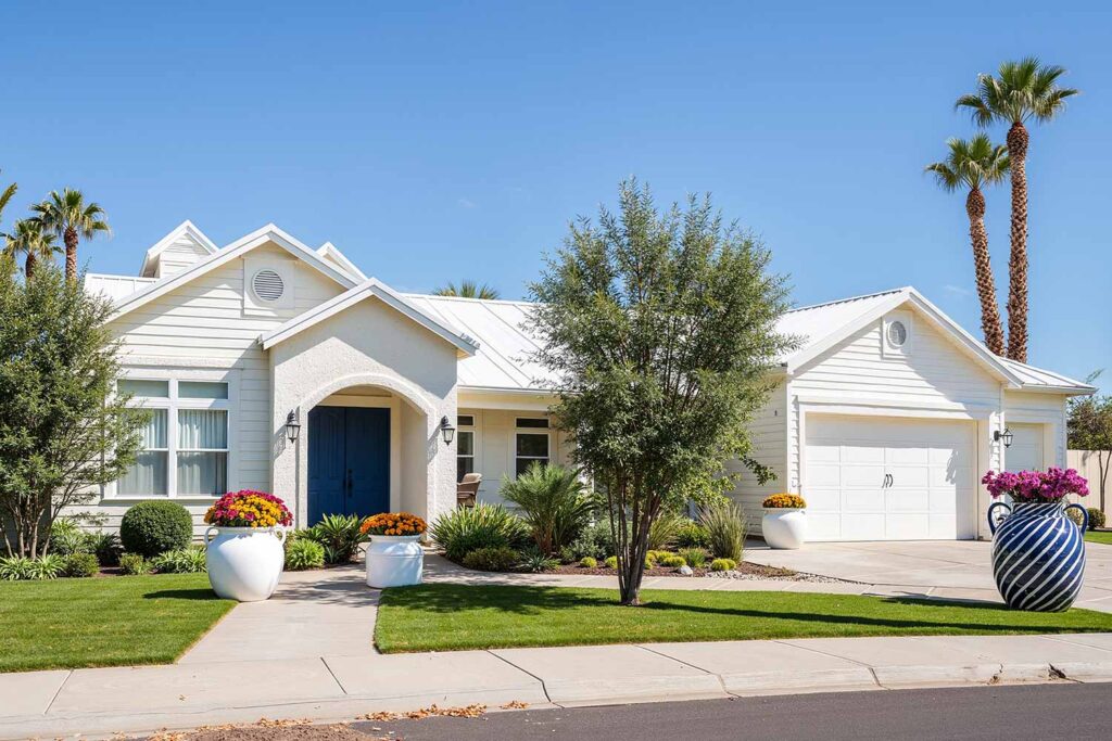 Modern Farmhouse with Tone-On-Tone Off-White Walls Bright White Trim and Navy Door, exterior house colors, home exterior painting, exterior color ideas, exterior home painting, tone-on-tone color schemes, curb appeal, architectural style, accent walls, body color, accent shade, trim color, front door color, tone-on-tone exterior, architectural details, color family, exterior transformation, layered colors, exterior color stories, exterior color palettes, exterior color combinations, home color schemes, exterior painting project, exterior painting transformation, exterior color application, layered shades, different shades within the same color family, subtle shifts, tonal shifts, color progression