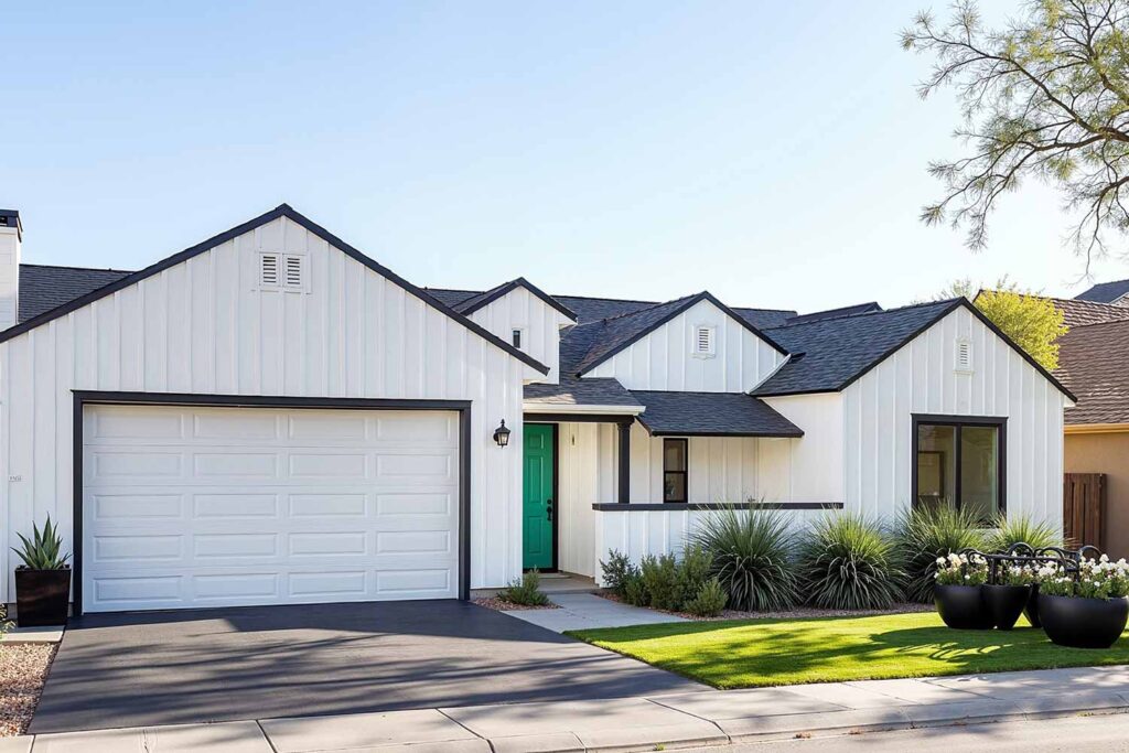 Modern Farmhouse with White Walls Black Trim and Emerald Green Front Door, luxury exterior color schemes for modern homes, sophisticated house colors for craftsman architecture, high-end exterior color ideas that transform curb appeal, exterior home painting secrets for prestigious results, elegant color combinations for traditional homes, designer-approved exterior color schemes