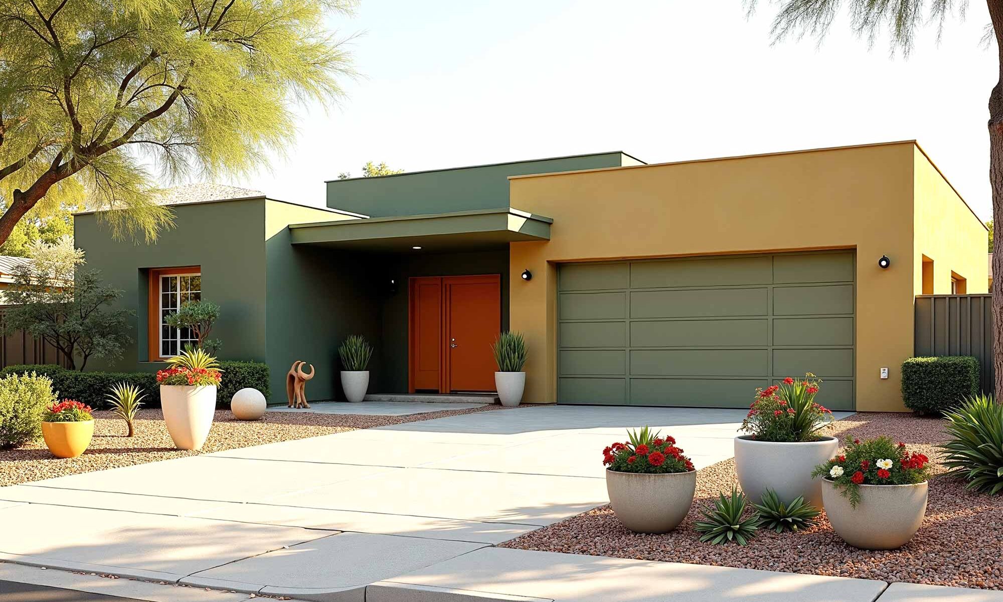 Modern Home With Olive Walls and Ochre Accent Walls, two-tone exterior house colors, two-tone exterior house colors, modern exterior paint combinations, bold exterior color schemes, exterior color pairings, architectural color schemes, popular exterior paint colors 2025, exterior paint color combinations for historic homes, house painting ideas outside, exterior paint color combinations for ranch style homes, exterior paint color combinations with white trim, modern farmhouse exterior paint color combinations, warm neutral exterior colors, soft orange exterior paint, moody blue exterior, forest green exterior paint, accent color for exterior trim, exterior paint color combinations for craftsman homes, exterior paint color combinations with black trim, Bryce House Painting, House Painters Phoenix, Home Painters Scottsdale