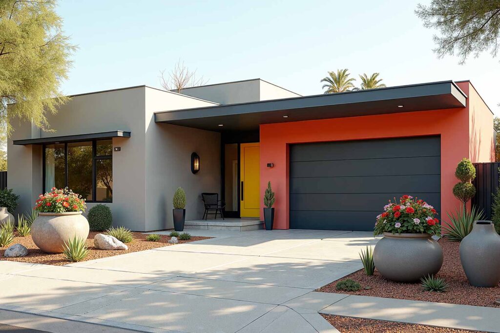 Modern Home with Beige Walls Light Coral Accent Wall Charcoal Trim and Bright Yellow Door, two-tone exterior house colors, two-tone exterior house colors, modern exterior paint combinations, bold exterior color schemes, exterior color pairings, architectural color schemes, popular exterior paint colors 2025, exterior paint color combinations for historic homes, house painting ideas outside, exterior paint color combinations for ranch style homes, exterior paint color combinations with white trim, modern farmhouse exterior paint color combinations, warm neutral exterior colors, soft orange exterior paint, moody blue exterior, forest green exterior paint, accent color for exterior trim, exterior paint color combinations for craftsman homes, exterior paint color combinations with black trim, Bryce House Painting, House Painters Phoenix, Home Painters Scottsdale