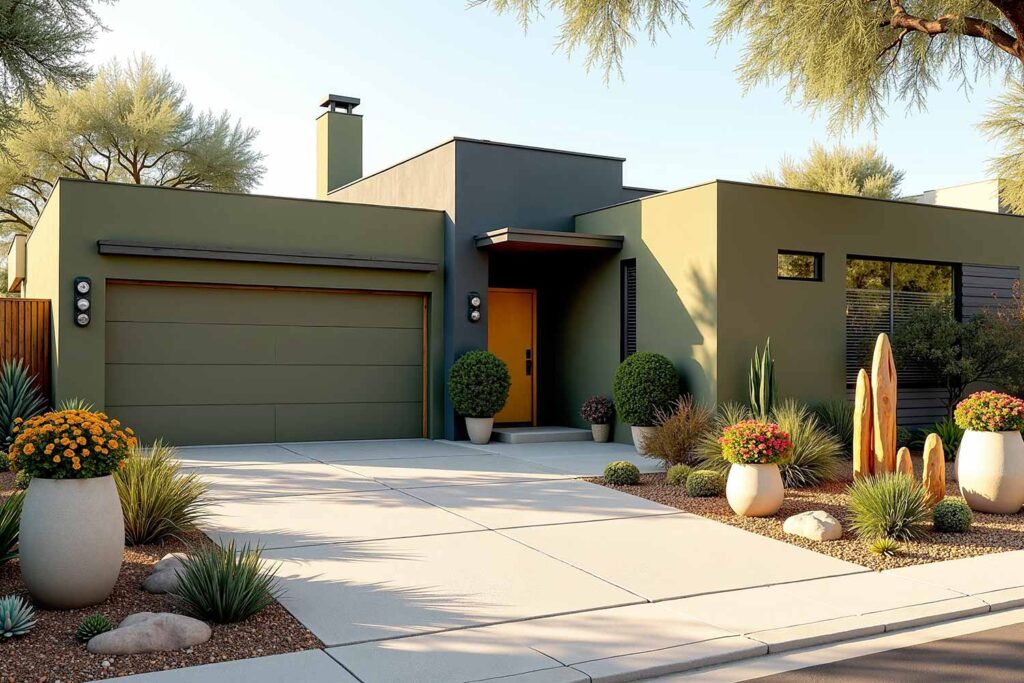 Modern Home with Olive Walls Gray Accent Wall Black Trim and Mustard Yellow Door, two-tone exterior house colors, two-tone exterior house colors, modern exterior paint combinations, bold exterior color schemes, exterior color pairings, architectural color schemes, popular exterior paint colors 2025, exterior paint color combinations for historic homes, house painting ideas outside, exterior paint color combinations for ranch style homes, exterior paint color combinations with white trim, modern farmhouse exterior paint color combinations, warm neutral exterior colors, soft orange exterior paint, moody blue exterior, forest green exterior paint, accent color for exterior trim, exterior paint color combinations for craftsman homes, exterior paint color combinations with black trim, Bryce House Painting, House Painters Phoenix, Home Painters Scottsdale