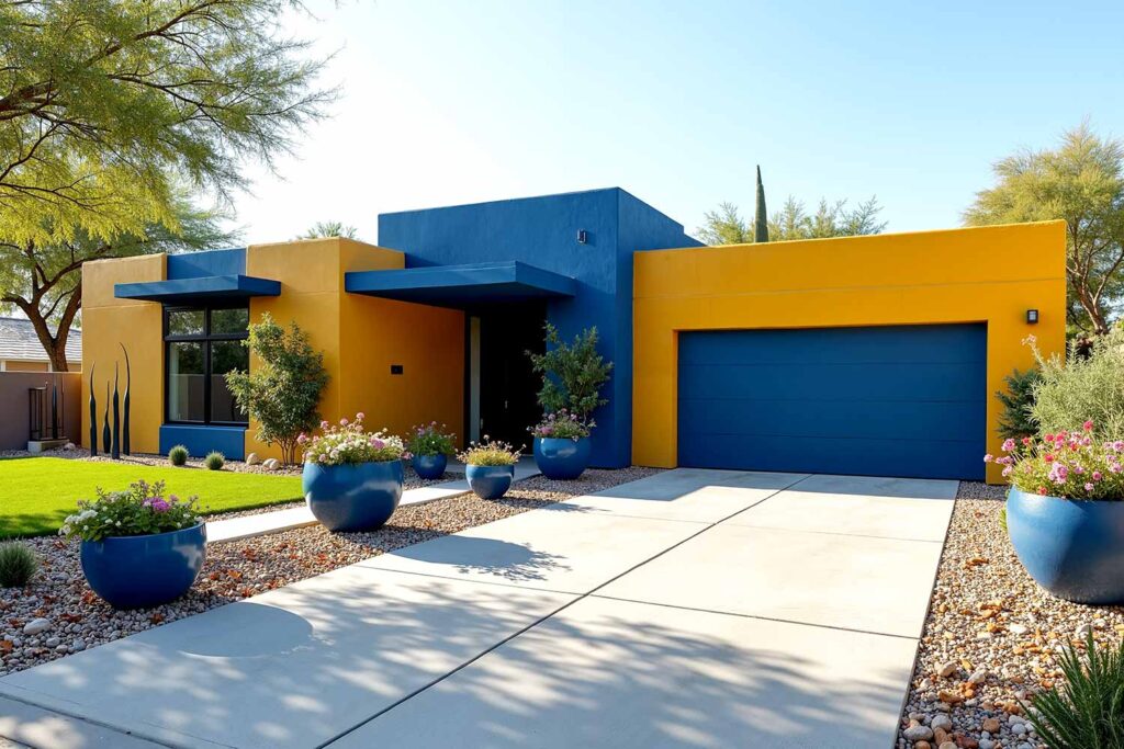 Modern Home with Two-Tone Exterior Color Scheme in Blue and Ochre, two-tone exterior house colors, two-tone exterior house colors, modern exterior paint combinations, bold exterior color schemes, exterior color pairings, architectural color schemes, popular exterior paint colors 2025, exterior paint color combinations for historic homes, house painting ideas outside, exterior paint color combinations for ranch style homes, exterior paint color combinations with white trim, modern farmhouse exterior paint color combinations, warm neutral exterior colors, soft orange exterior paint, moody blue exterior, forest green exterior paint, accent color for exterior trim, exterior paint color combinations for craftsman homes, exterior paint color combinations with black trim, Bryce House Painting, House Painters Phoenix, Home Painters Scottsdale