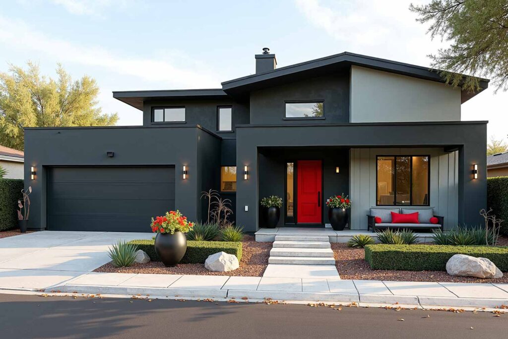Modern House with Dark Gray Main Walls Light Greenish Gray Accent walls and Red Door, two-tone exterior house colors, two-tone exterior house colors, modern exterior paint combinations, bold exterior color schemes, exterior color pairings, architectural color schemes, popular exterior paint colors 2025, exterior paint color combinations for historic homes, house painting ideas outside, exterior paint color combinations for ranch style homes, exterior paint color combinations with white trim, modern farmhouse exterior paint color combinations, warm neutral exterior colors, soft orange exterior paint, moody blue exterior, forest green exterior paint, accent color for exterior trim, exterior paint color combinations for craftsman homes, exterior paint color combinations with black trim, Bryce House Painting, House Painters Phoenix, Home Painters Scottsdale
