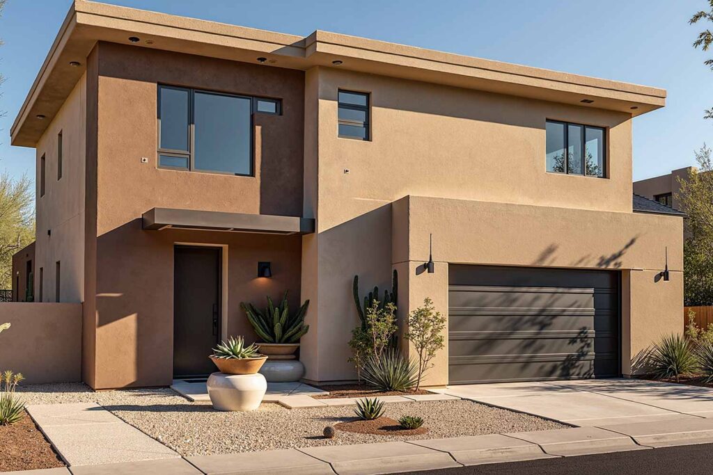 Modern House with Tone-on-Tone Warm Sand Walls Bronze Trim and Deep Bronze Door, exterior house colors, home exterior painting, exterior color ideas, exterior home painting, tone-on-tone color schemes, curb appeal, architectural style, accent walls, body color, accent shade, trim color, front door color, tone-on-tone exterior, architectural details, color family, exterior transformation, layered colors, exterior color stories, exterior color palettes, exterior color combinations, home color schemes, exterior painting project, exterior painting transformation, exterior color application, layered shades, different shades within the same color family, subtle shifts, tonal shifts, color progression