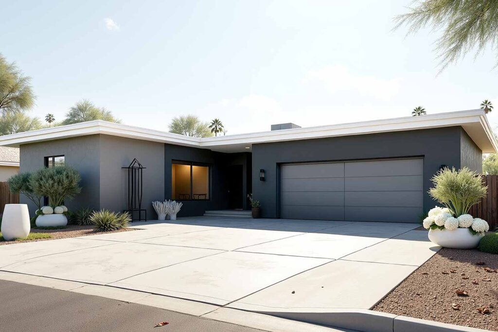 Modern Minimalist Home with Two-Tone Gray Walls and White Trim, exterior house colors, home exterior painting, exterior color ideas, exterior home painting, tone-on-tone color schemes, curb appeal, architectural style, accent walls, body color, accent shade, trim color, front door color, tone-on-tone exterior, architectural details, color family, exterior transformation, layered colors, exterior color stories, exterior color palettes, exterior color combinations, home color schemes, exterior painting project, exterior painting transformation, exterior color application, layered shades, different shades within the same color family, subtle shifts, tonal shifts, color progression