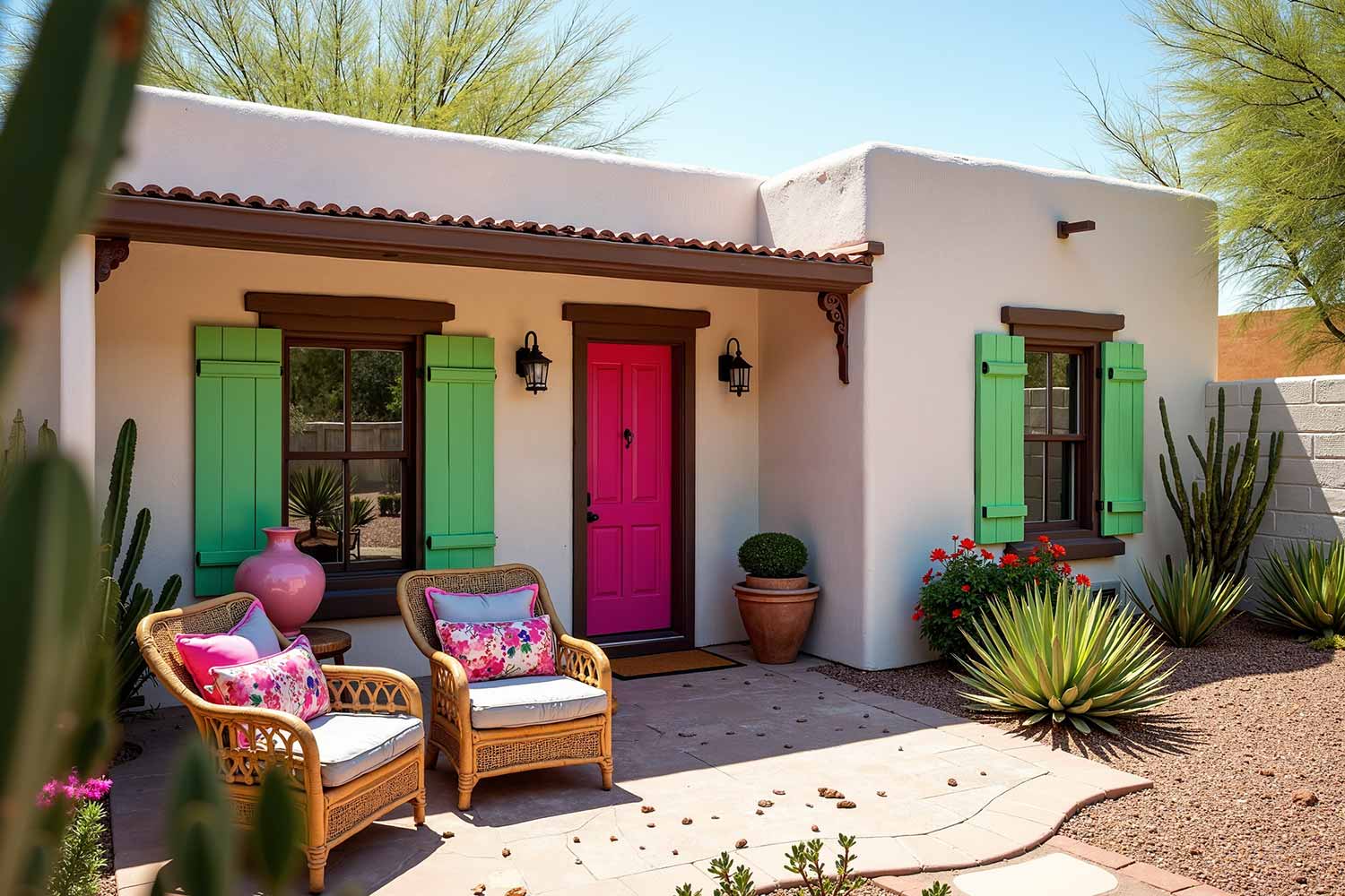 Prickly Pear Pop Adobe Guest House with Whitewashed Walls Brown Trim Hot Pink Door, Guest house colors, Guest house color ideas, Guest house painting, Painting a guest house, Phoenix guest house, Exterior color schemes, Desert color combinations, Backyard retreat colors, Boutique resort aesthetics, Mini getaway design, Casita colors, Garden cottage, Mini retreat colors, Tiny sanctuary, Desert dwelling, Color palettes, Paint colors, Color combinations, Color schemes, Exterior finishes, Paint choices