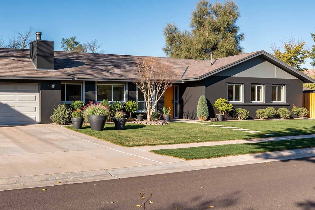 Ranch Home with Dark Gray Walls Pewter Gray Accents Warm Gray Trim and Ochre Door, ranch house color scheme, ranch house colors, Exterior color ideas, House painting inspiration, Two-tone color scheme, Ranch architecture, ranch style, ranch home, ranch silhouette, Color combination, color palette, color pairing, color expression, Exterior Facade, outdoor, outside surface, exterior walls, Modern, Contemporary, current, updated, fresh, Transformation, Makeover, reimagining, updating, refreshing,