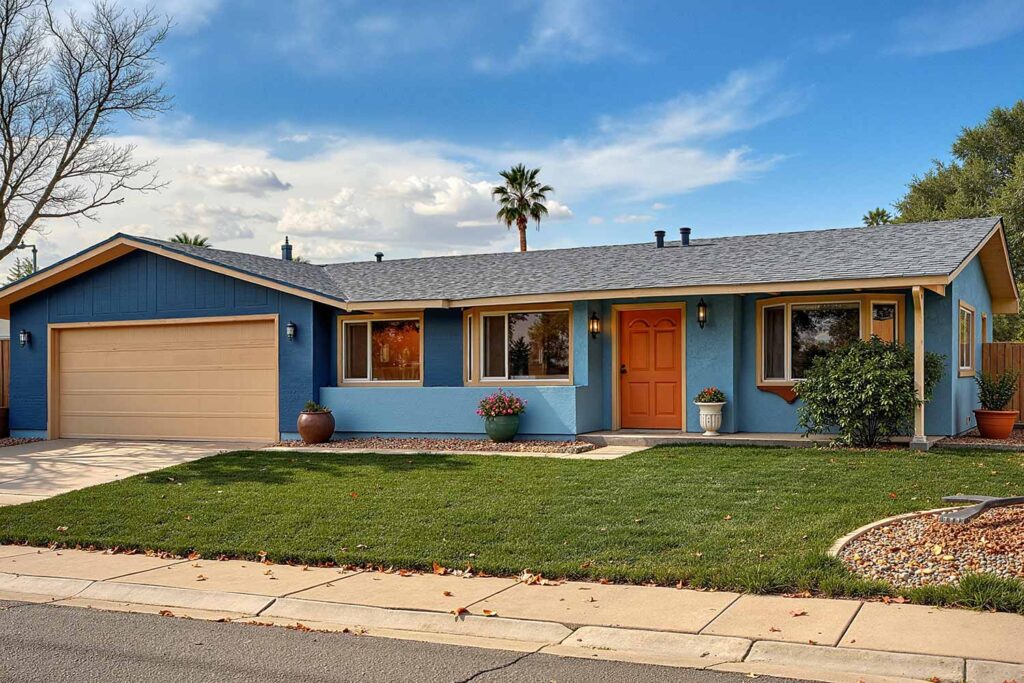 Ranch Home with Dark and Light Blue Walls Beige Trim and Orange Front Door, ranch house color scheme, ranch house colors, Exterior color ideas, House painting inspiration, Two-tone color scheme, Ranch architecture, ranch style, ranch home, ranch silhouette, Color combination, color palette, color pairing, color expression, Exterior Facade, outdoor, outside surface, exterior walls, Modern, Contemporary, current, updated, fresh, Transformation, Makeover, reimagining, updating, refreshing,