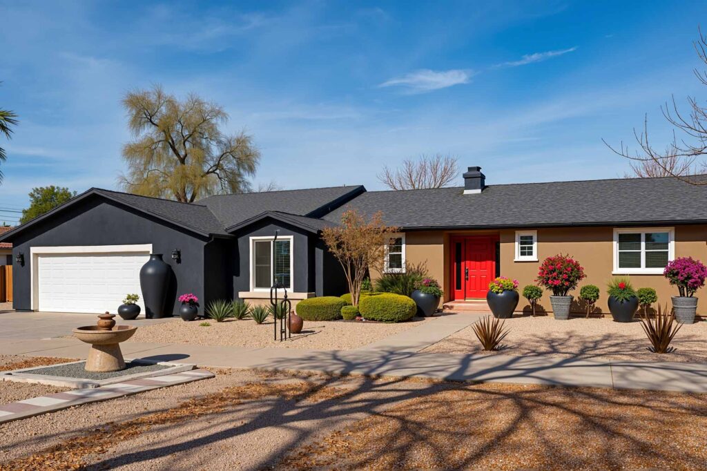 Ranch Home with Taupe Walls Deep Charcoal Accent Walls and Red Door, ranch house color scheme, ranch house colors, Exterior color ideas, House painting inspiration, Two-tone color scheme, Ranch architecture, ranch style, ranch home, ranch silhouette, Color combination, color palette, color pairing, color expression, Exterior Facade, outdoor, outside surface, exterior walls, Modern, Contemporary, current, updated, fresh, Transformation, Makeover, reimagining, updating, refreshing,