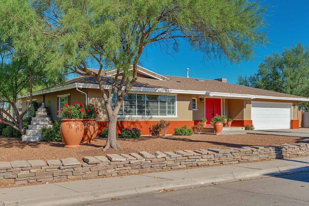 Ranch House with Taupe Walls Terracotta Accent Section White Trim Red Door, ranch house color scheme, ranch house colors, Exterior color ideas, House painting inspiration, Two-tone color scheme, Ranch architecture, ranch style, ranch home, ranch silhouette, Color combination, color palette, color pairing, color expression, Exterior Facade, outdoor, outside surface, exterior walls, Modern, Contemporary, current, updated, fresh, Transformation, Makeover, reimagining, updating, refreshing,