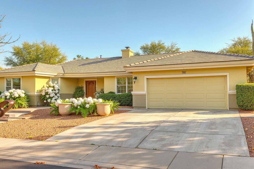 Ranch House with Yellow and Light-Yellow Walls and White Trim, exterior color schemes, house colors, exterior color ideas, exterior home painting, exterior paint colors, exterior color combinations, exterior color palette, house color combinations, siding color combinations, outdoor color trends, facade design, curb appeal colors