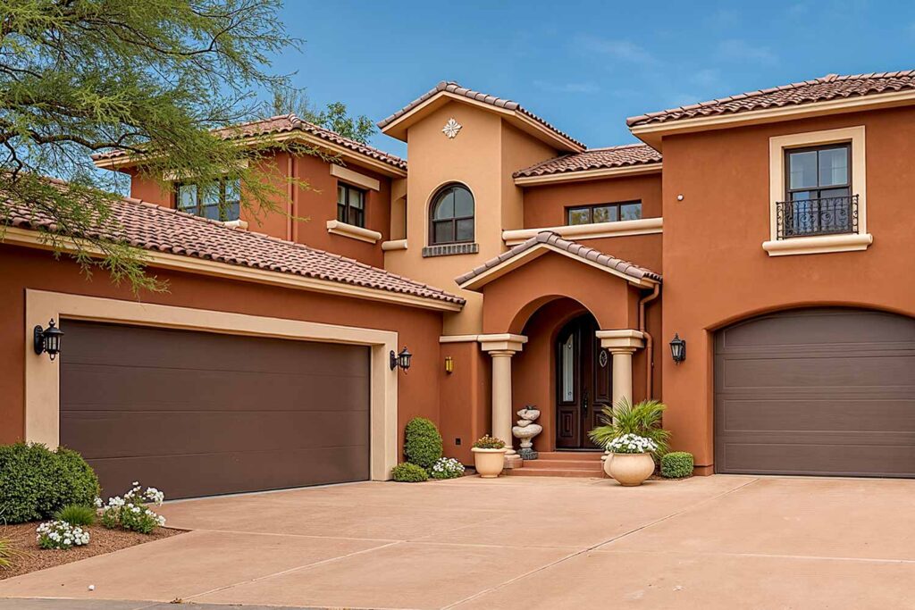 Tuscan Villa Home with Warm Terracotta and Light Terracotta Walls and Cream Trim, exterior color schemes, house colors, exterior color ideas, exterior home painting, exterior paint colors, exterior color combinations, exterior color palette, house color combinations, siding color combinations, outdoor color trends, facade design, curb appeal colors