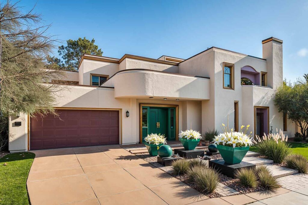 Art Deco House with Beige Walls Bronze-Colored Trim Emerald Green Door and Plum Accent Wall, Outside paint options, Exterior design palettes, Outdoor home color concepts, External wall color selections, home exterior paint hues, Residence color selections, Property painting shades, home paint color choices, Architectural paint palettes, painters in Scottsdale, Phoenix home painter, Phoenix house painter