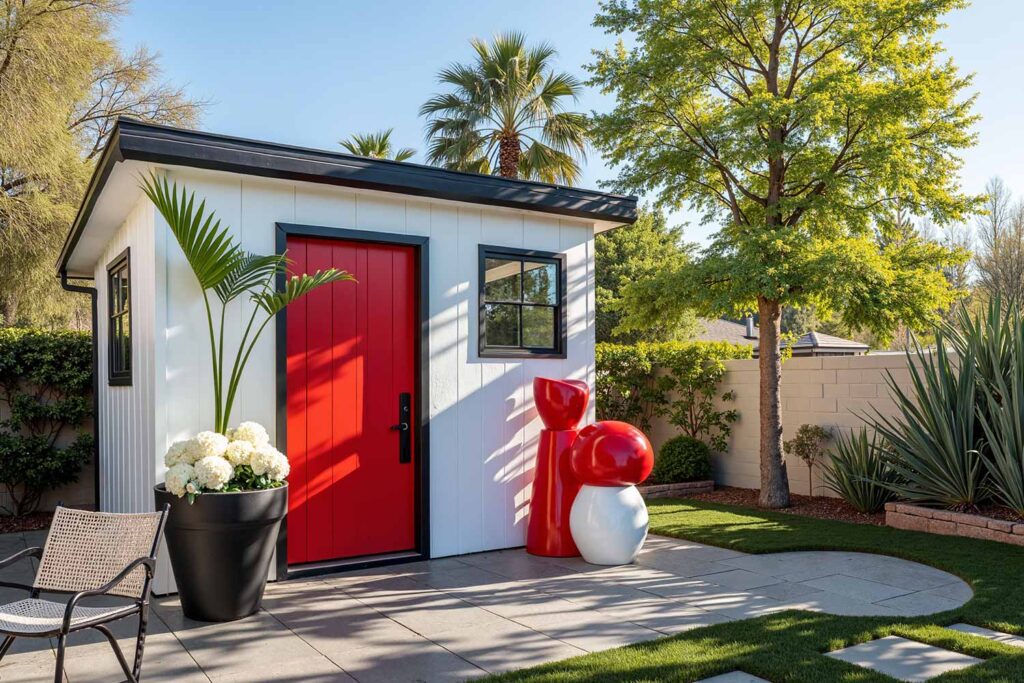 Artistic Gallery Shed with Crisp White Walls Vibrant Red Door and Black Trim, shed colors, garden shed paint colors, storage shed colors, shed color schemes, backyard shed colors, shed color combinations, shed's color, shed color choice, shed palette, backyard building colors, shed's color palette, shed paint colors, pool machinery shed