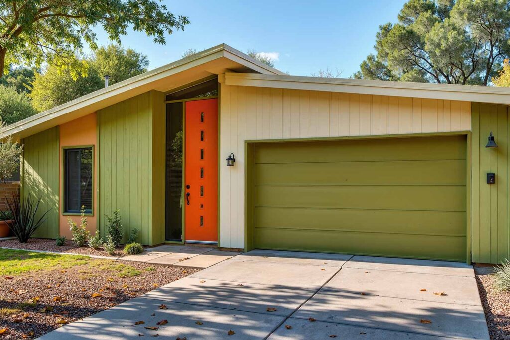Artistic Mid-Century Modern Home with Avocado Green Walls Cream Trim and Orange Front Door, Outside paint options, Exterior design palettes, Outdoor home color concepts, External wall color selections, home exterior paint hues, Residence color selections, Property painting shades, home paint color choices, Architectural paint palettes, painters in Scottsdale, Phoenix home painter, Phoenix house painter