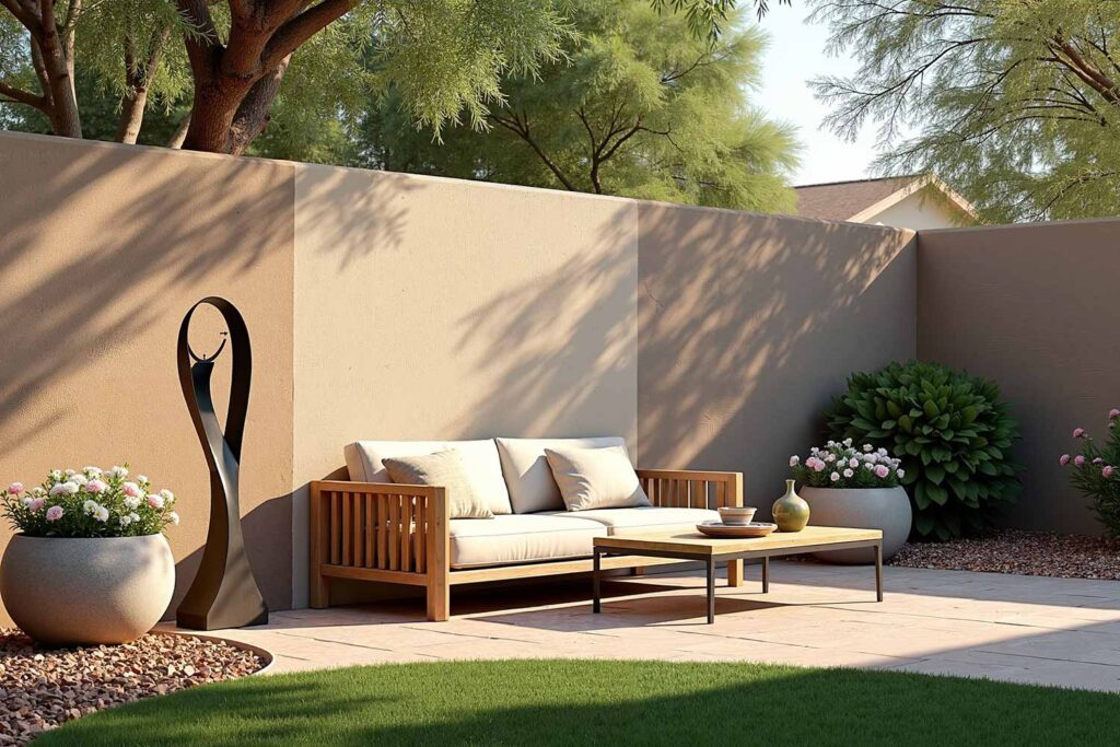 Backyard Block Wall in Medium Beige with Darker Beige Panel Section, painting backyard walls, exterior color ideas, exterior paint palette, backyard design ideas, outdoor living space, exterior wall decoration, garden wall painting, inspiration, exterior painting, backyard wall color ideas, exterior house painter