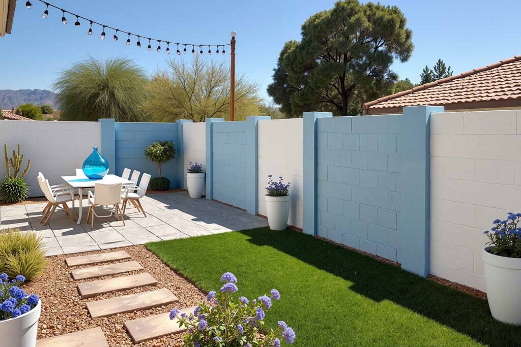 Backyard Block Wall with Alternating Light Blue and White Color-Block Sections, backyard wall colors, backyard wall ideas, paint contractor Phoenix, painters in Phoenix, outdoor paint colors, exterior wall paint, garden wall colors, outdoor color schemes, fence color ideas, concepts, designs