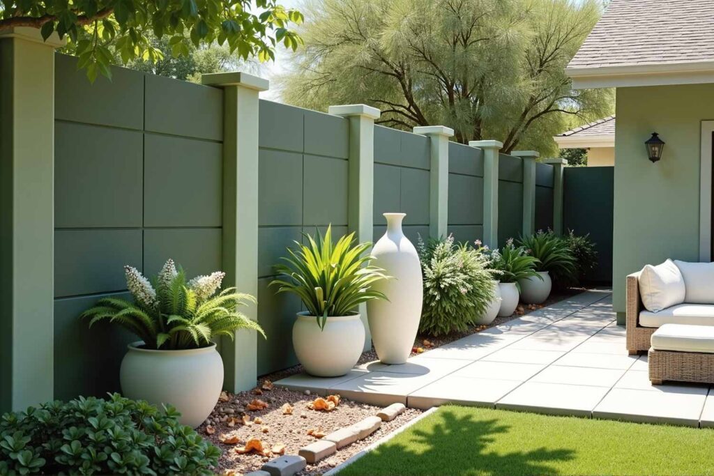 Backyard Scottsdale Wall Painted in Shades of Nature-Inspired Olive Green, backyard wall colors, backyard wall ideas, paint contractor Phoenix, painters in Phoenix, outdoor paint colors, exterior wall paint, garden wall colors, outdoor color schemes, fence color ideas, concepts, designs