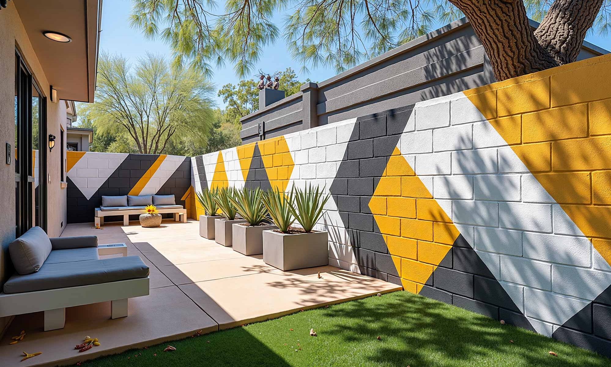 Backyard Wall with Diagonal Geometric Pattern in Charcoal White and Mustard Yellow, backyard wall colors, backyard wall ideas, paint contractor Phoenix, painters in Phoenix, outdoor paint colors, exterior wall paint, garden wall colors, outdoor color schemes, fence color ideas, concepts, designs