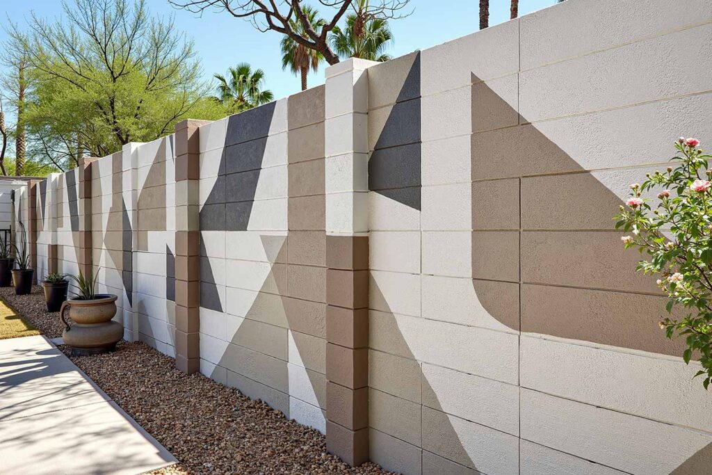 Backyard Wall with Large Abstract Geometric Shapes in Taupe Gray and White, backyard wall colors, backyard wall ideas, paint contractor Phoenix, painters in Phoenix, outdoor paint colors, exterior wall paint, garden wall colors, outdoor color schemes, fence color ideas, concepts, designs