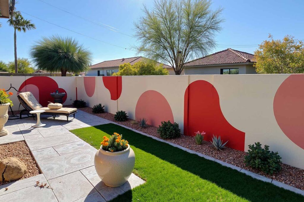 Backyard Wall with Large Circle Patterns in Red Cream and Dusty Rose, backyard wall colors, backyard wall ideas, paint contractor Phoenix, painters in Phoenix, outdoor paint colors, exterior wall paint, garden wall colors, outdoor color schemes, fence color ideas, concepts, designs