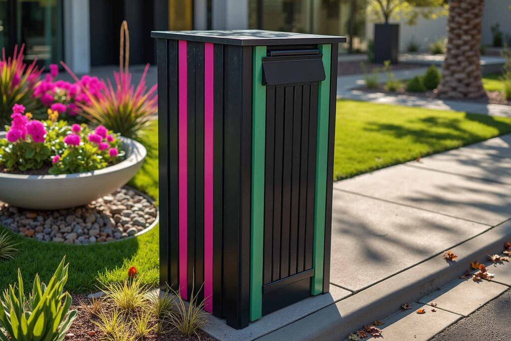 Black Mailbox with Green and Pink Accents for an Urban Contemporary House, Mailbox Color coordination, Mailbox Color pairings, Local conversation piece, Neighborhood highlight, Creative ideas to dress up a mailbox structure