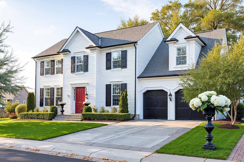 Classic Colonial House in Phoenix Arcadia with Pure White Walls Black Trim and Deep Red Door, Outside paint options, Exterior design palettes, Outdoor home color concepts, External wall color selections, home exterior paint hues, Residence color selections, Property painting shades, home paint color choices, Architectural paint palettes, painters in Scottsdale, Phoenix home painter, Phoenix house painter