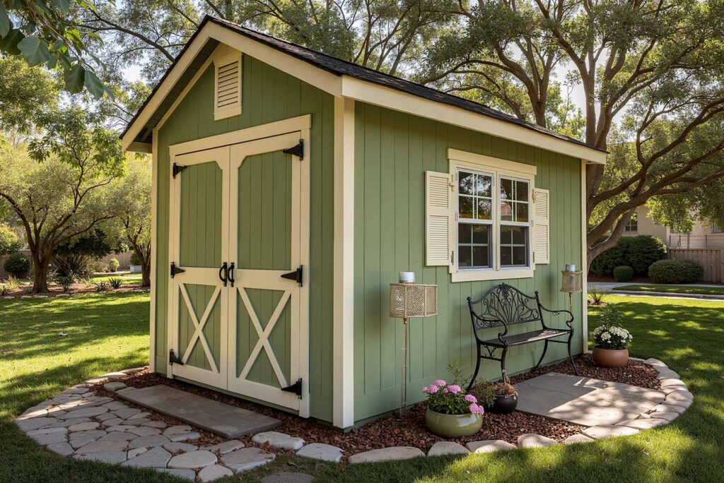 Classic Cottage Storage Shed with Light Khaki Green Walls and Cream Trim, shed colors, garden shed paint colors, storage shed colors, shed color schemes, backyard shed colors, shed color combinations, shed's color, shed color choice, shed palette, backyard building colors, shed's color palette, shed paint colors, pool machinery shed