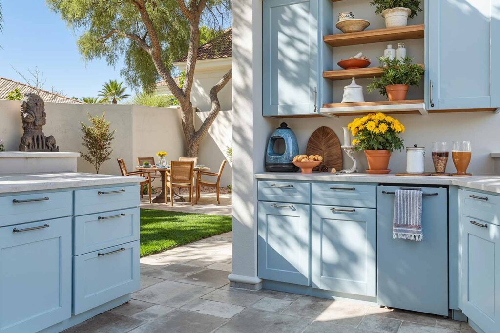 Coastal Contemporary Patio Kitchen with Light Blue Cabinets and Light Gray Walls, deck kitchen cabinet finishes, how to choose outdoor kitchen cabinet colors, coordinating patio cabinet colors with house exterior, best paint for outdoor kitchen cabinets, weatherproof cabinet color ideas, matching trim colors with outdoor cabinets, exterior cabinet and ceiling color combinations, durable paint for outdoor cabinetry, personality-expressing patio cabinet colors