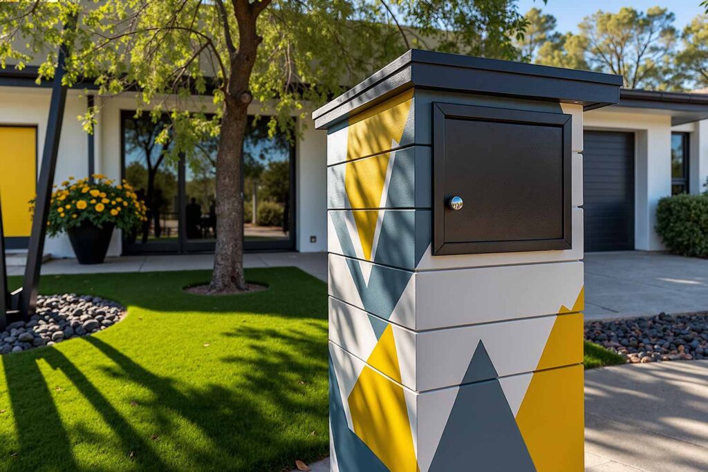 Color Block Mailbox in Slate Blue Marigold Yellow and Off White, Mailbox Color coordination, Mailbox Color pairings, Local conversation piece, Neighborhood highlight, Creative ideas to dress up a mailbox structure