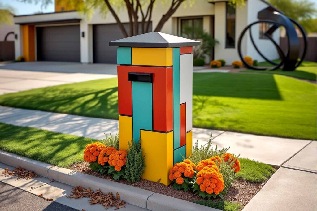 Contemporary Mailbox in Teal Vermillion and Yellow Color Blocks, Mailbox Color coordination, Mailbox Color pairings, Local conversation piece, Neighborhood highlight, Creative ideas to dress up a mailbox structure