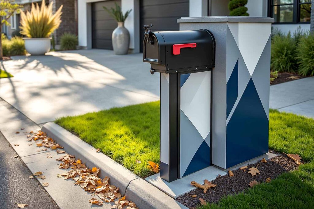 Contemporary Mailbox with Geometric Color Blocking in Navy Blue White and Gray, Mailbox Color coordination, Mailbox Color pairings, Local conversation piece, Neighborhood highlight, Creative ideas to dress up a mailbox structure