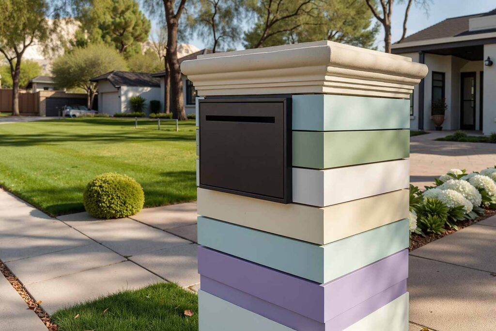 Contemporary Mailbox with Soft Lavender Sage Green and Cream Horizontal Stripes, Mailbox Color coordination, Mailbox Color pairings, Local conversation piece, Neighborhood highlight, Creative ideas to dress up a mailbox structure