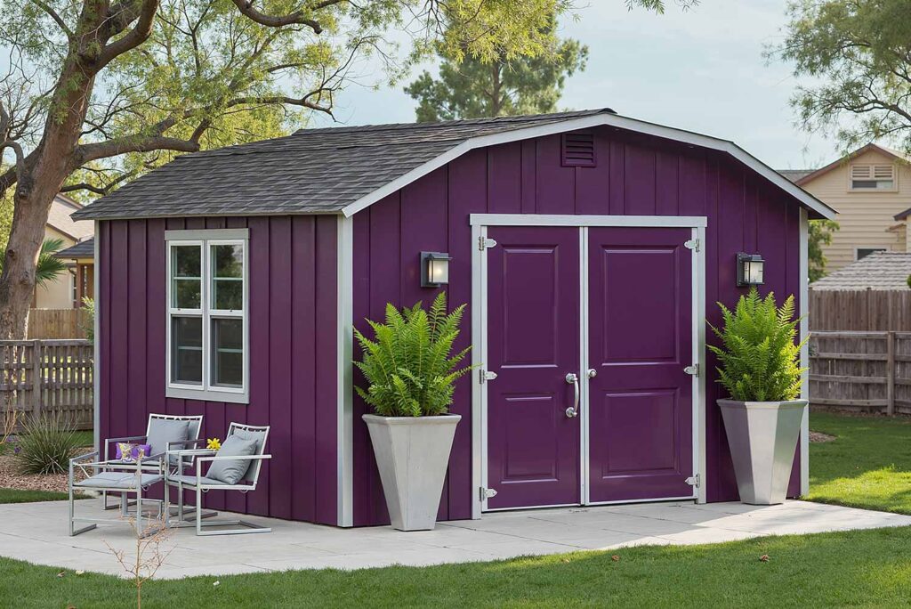 Contemporary Shed with Midnight Purple Walls Silver Trim and Metallic Accents, shed colors, garden shed paint colors, storage shed colors, shed color schemes, backyard shed colors, shed color combinations, shed's color, shed color choice, shed palette, backyard building colors, shed's color palette, shed paint colors, pool machinery shed