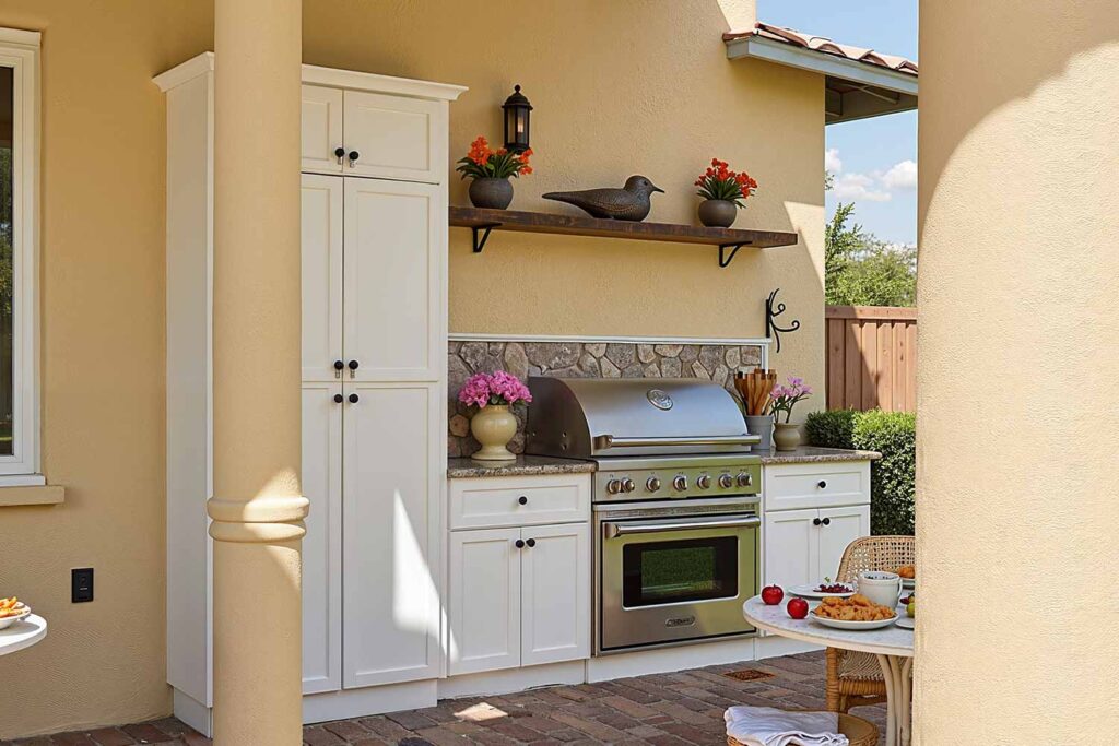Cottage Outdoor Kitchen with White Cabinets and Soft Yellow Walls, outdoor kitchen cabinets, patio kitchen cabinet colors, exterior cabinet paint ideas, backyard kitchen color schemes, bold outdoor cabinet colors, dramatic kitchen cabinet exteriors, coastal patio cabinet finishes, serene outdoor kitchen paint schemes, rustic outdoor cabinetry colors, modern patio kitchen finishes
