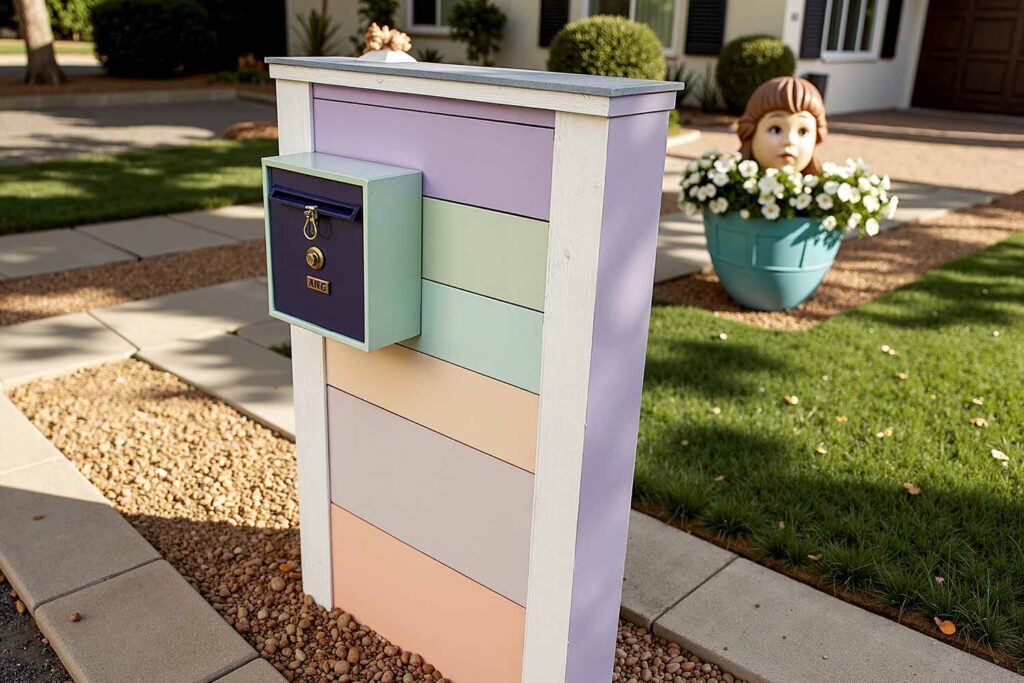 Cottage-Style Mailbox with Soft Kawaii Pastels in Lavender Peach and Mint Green, Mailbox Color coordination, Mailbox Color pairings, Local conversation piece, Neighborhood highlight, Creative ideas to dress up a mailbox structure