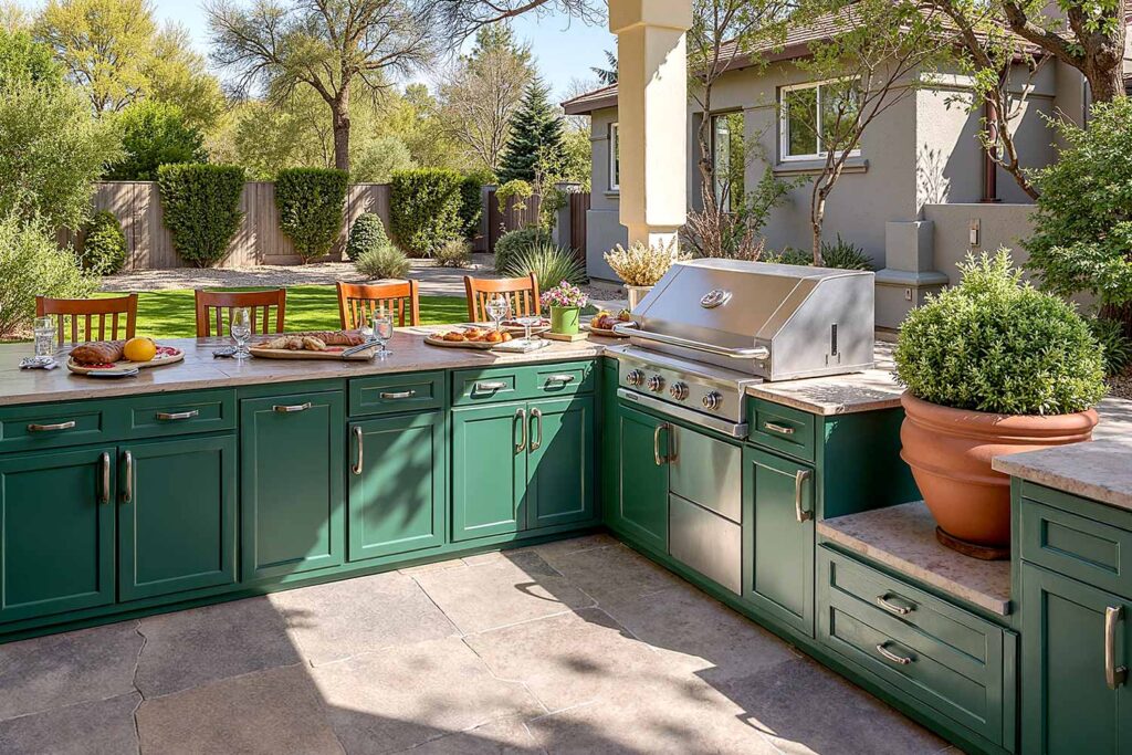 Craftsman Retreat with Forest Green Cabinets Cream Trim and Stone Gray Exterior, outdoor kitchen cabinets, patio kitchen cabinet colors, exterior cabinet paint ideas, backyard kitchen color schemes, bold outdoor cabinet colors, dramatic kitchen cabinet exteriors, coastal patio cabinet finishes, serene outdoor kitchen paint schemes, rustic outdoor cabinetry colors, modern patio kitchen finishes