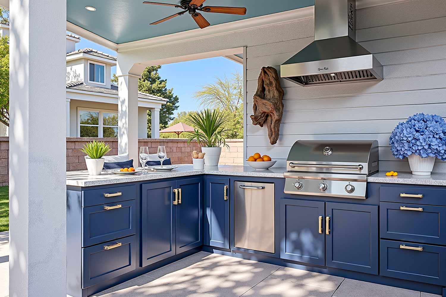 Deep Navy Blue Outdoor Kitchen Cabinets Crisp White Trim and Light Gray Exterior, outdoor kitchen cabinets, patio kitchen cabinet colors, exterior cabinet paint ideas, backyard kitchen color schemes, bold outdoor cabinet colors, dramatic kitchen cabinet exteriors, coastal patio cabinet finishes, serene outdoor kitchen paint schemes, rustic outdoor cabinetry colors, modern patio kitchen finishes