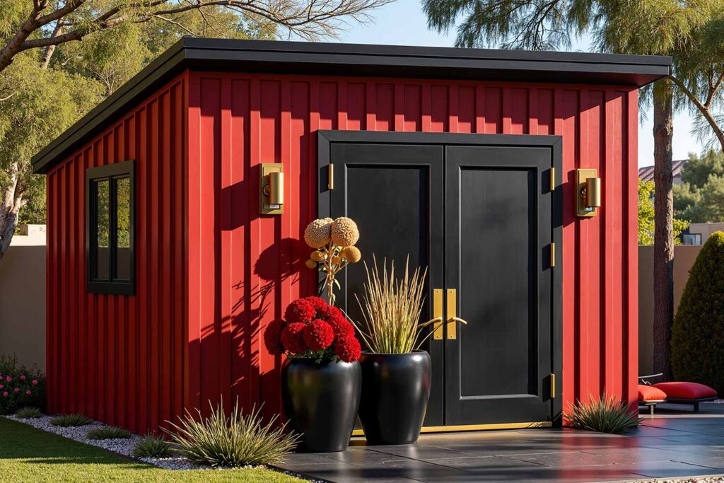 Dramatic Modern Shed with Deep Crimson Walls Black Trim and Gold Hardware, shed colors, garden shed paint colors, storage shed colors, shed color schemes, backyard shed colors, shed color combinations, shed's color, shed color choice, shed palette, backyard building colors, shed's color palette, shed paint colors, pool machinery shed