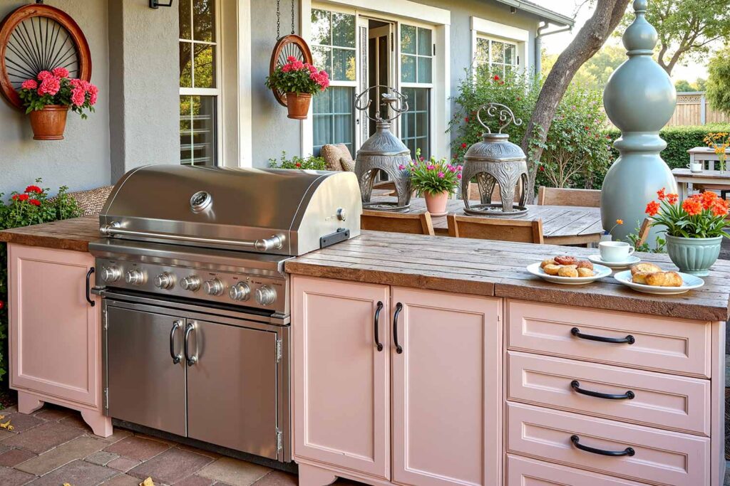 Eclectic Cottage Outdoor Kitchen with Pastel Pink Cabinets and Cream Trim, outdoor kitchen cabinets, patio kitchen cabinet colors, exterior cabinet paint ideas, backyard kitchen color schemes, bold outdoor cabinet colors, dramatic kitchen cabinet exteriors, coastal patio cabinet finishes, serene outdoor kitchen paint schemes, rustic outdoor cabinetry colors, modern patio kitchen finishes