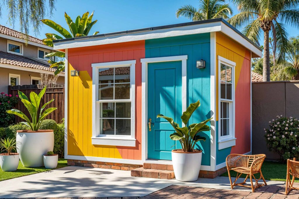 Eclectic Modern Shed with Bold Multicolor Walls and White Trim, shed colors, garden shed paint colors, storage shed colors, shed color schemes, backyard shed colors, shed color combinations, shed's color, shed color choice, shed palette, backyard building colors, shed's color palette, shed paint colors, pool machinery shed