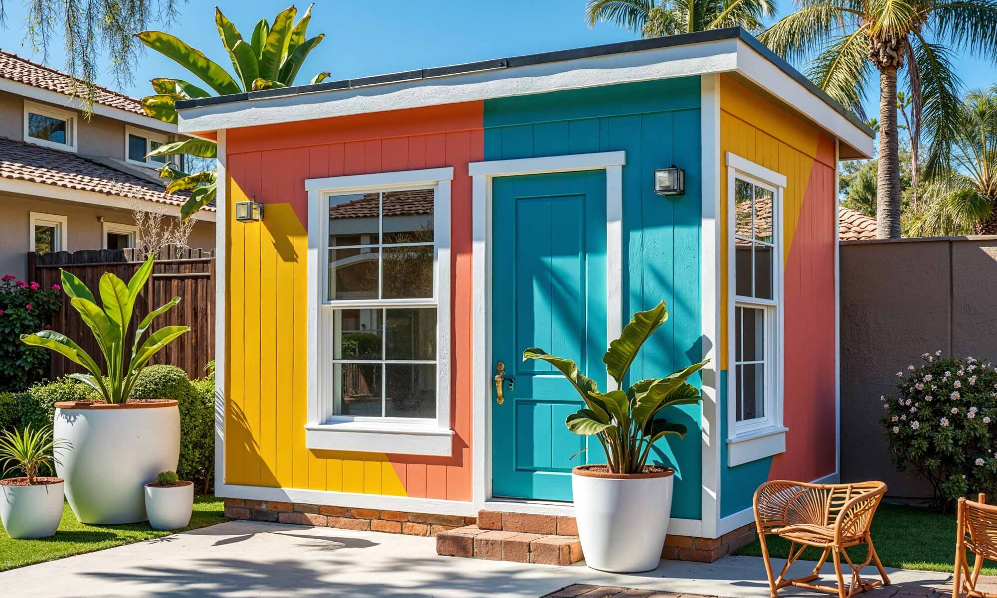 Eclectic Modern Shed with Bold Multicolor Walls and White Trim, shed colors, garden shed paint colors, storage shed colors, shed color schemes, backyard shed colors, shed color combinations, shed's color, shed color choice, shed palette, backyard building colors, shed's color palette, shed paint colors, pool machinery shed
