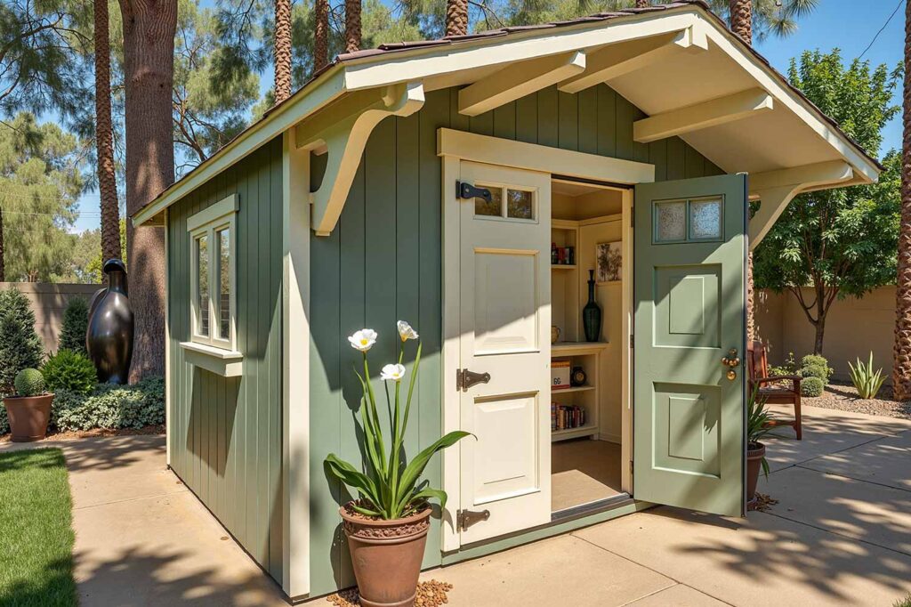 Elegant Craftsman Garden Shed with Sage Green Walls and Cream Trim, shed colors, garden shed paint colors, storage shed colors, shed color schemes, backyard shed colors, shed color combinations, shed's color, shed color choice, shed palette, backyard building colors, shed's color palette, shed paint colors, pool machinery shed