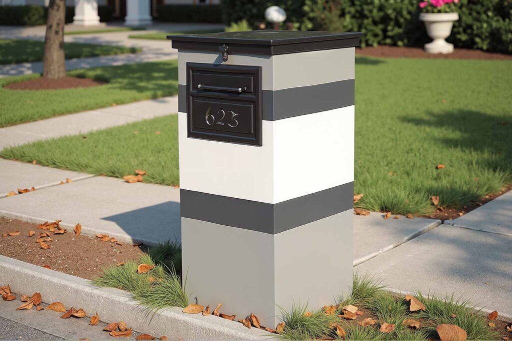 Gray and White Striped Scottsdale Mailbox for a Contemporary Residence, Mailbox Ideas, Letterbox concepts, Postal box designs, Mail receptacle inspiration, Curbside mail holder ideas, Post box creativity, Letter drop innovations, Mailbox Painting Ideas, Letterbox color schemes, Post box decoration techniques, Mail receptacle painting inspiration