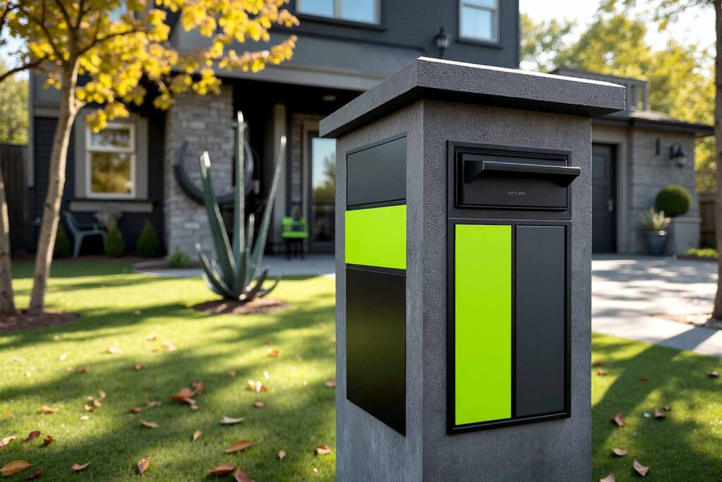 Industrial Modern Mailbox with Charcoal, Neon Green and Silver Color Blocks, Mailbox Ideas, Letterbox concepts, Postal box designs, Mail receptacle inspiration, Curbside mail holder ideas, Post box creativity, Letter drop innovations, Mailbox Painting Ideas, Letterbox color schemes, Post box decoration techniques, Mail receptacle painting inspiration
