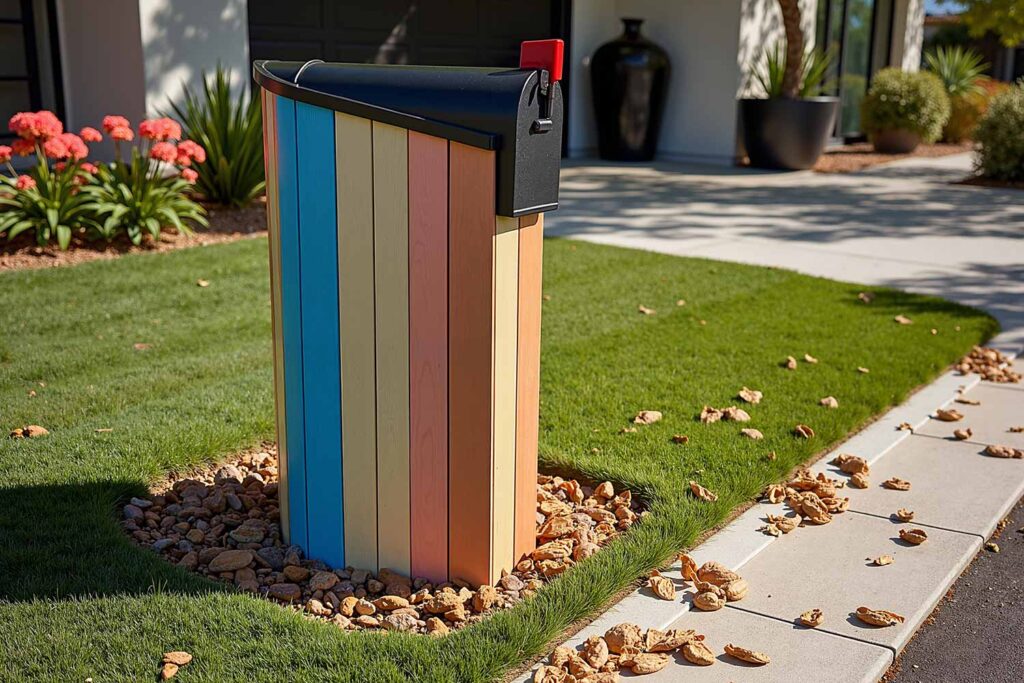 Mailbox with Blue Peach and Light Sand Color Blocks for a Contemporary Home, Mailbox Ideas, Letterbox concepts, Postal box designs, Mail receptacle inspiration, Curbside mail holder ideas, Post box creativity, Letter drop innovations, Mailbox Painting Ideas, Letterbox color schemes, Post box decoration techniques, Mail receptacle painting inspiration